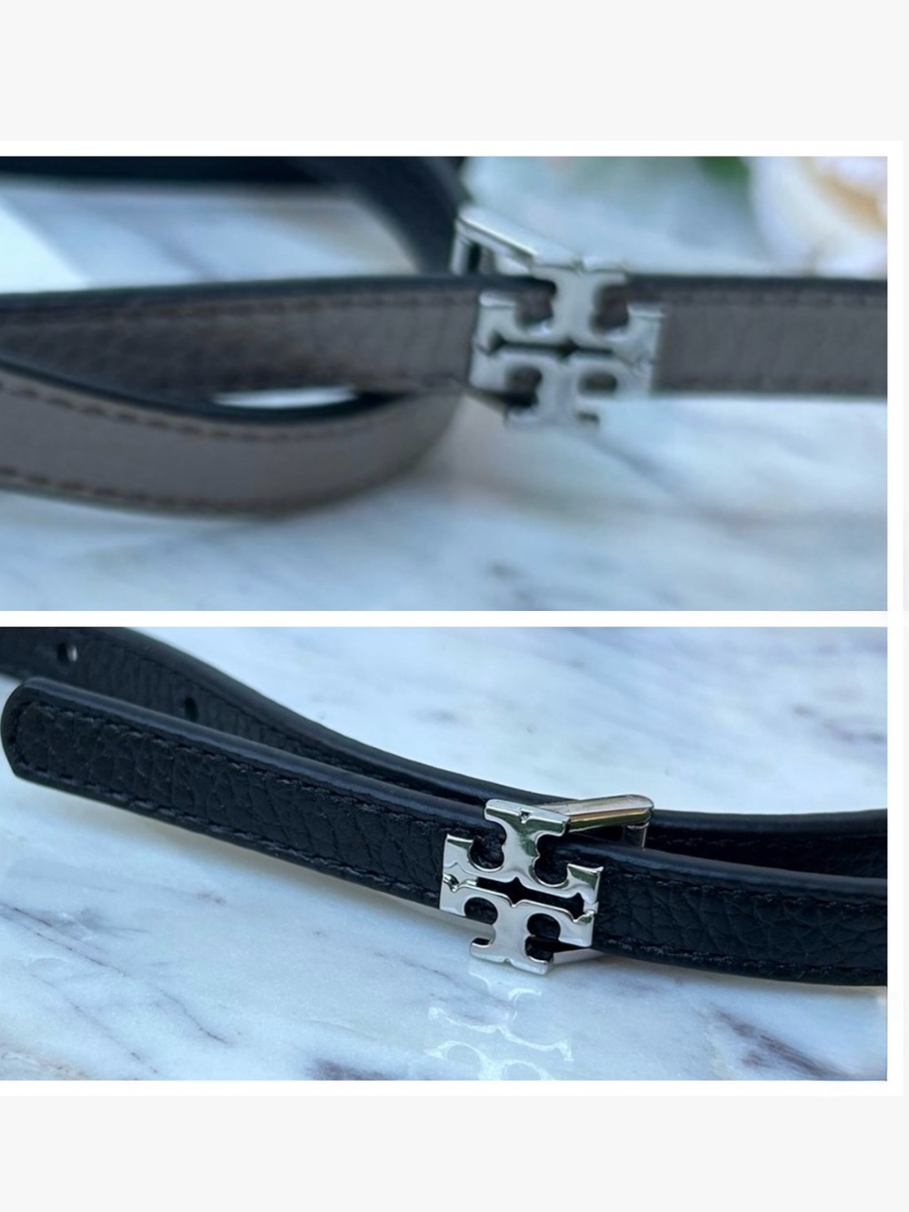 TORY BURCH logo belt 1/2 waist belt black french grey women belt New w tags $178